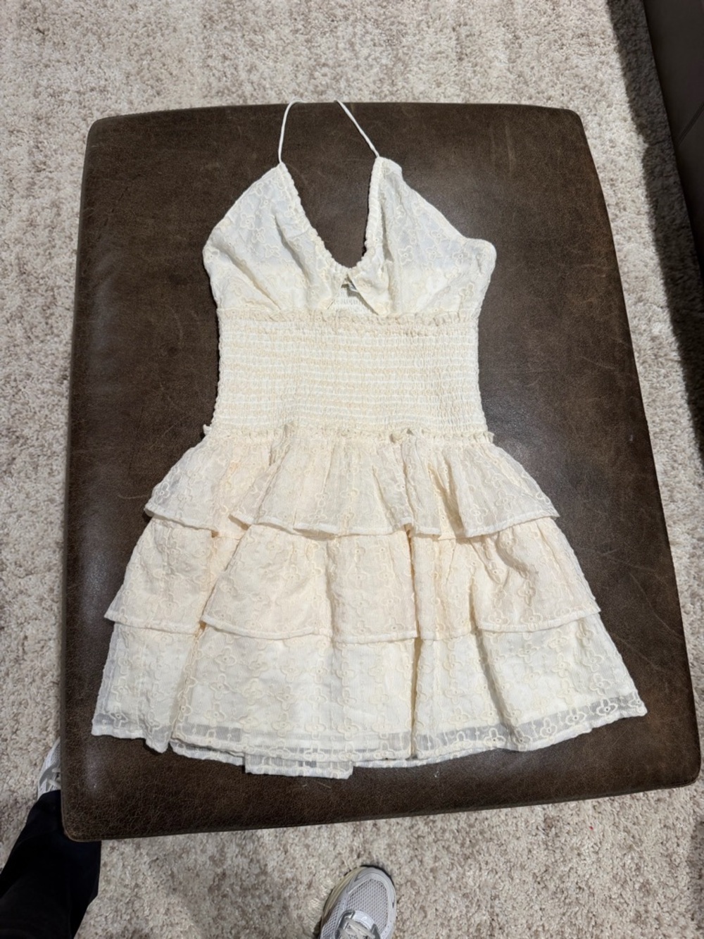 Women's Cream Mini Dress with Lace Tiered Skirt